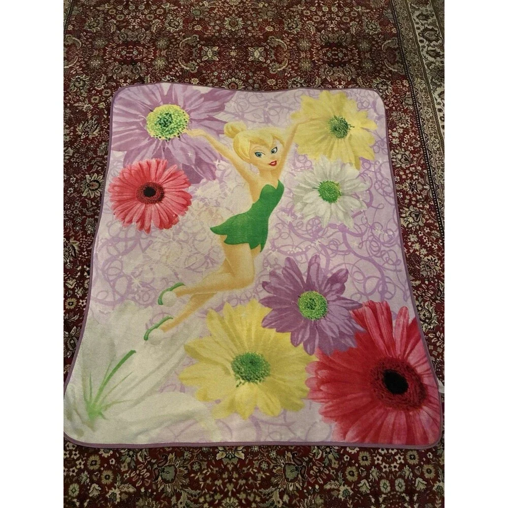 Disney Fairies Tinkerbell Floral Throw Blanket 58” By 50” Vintage